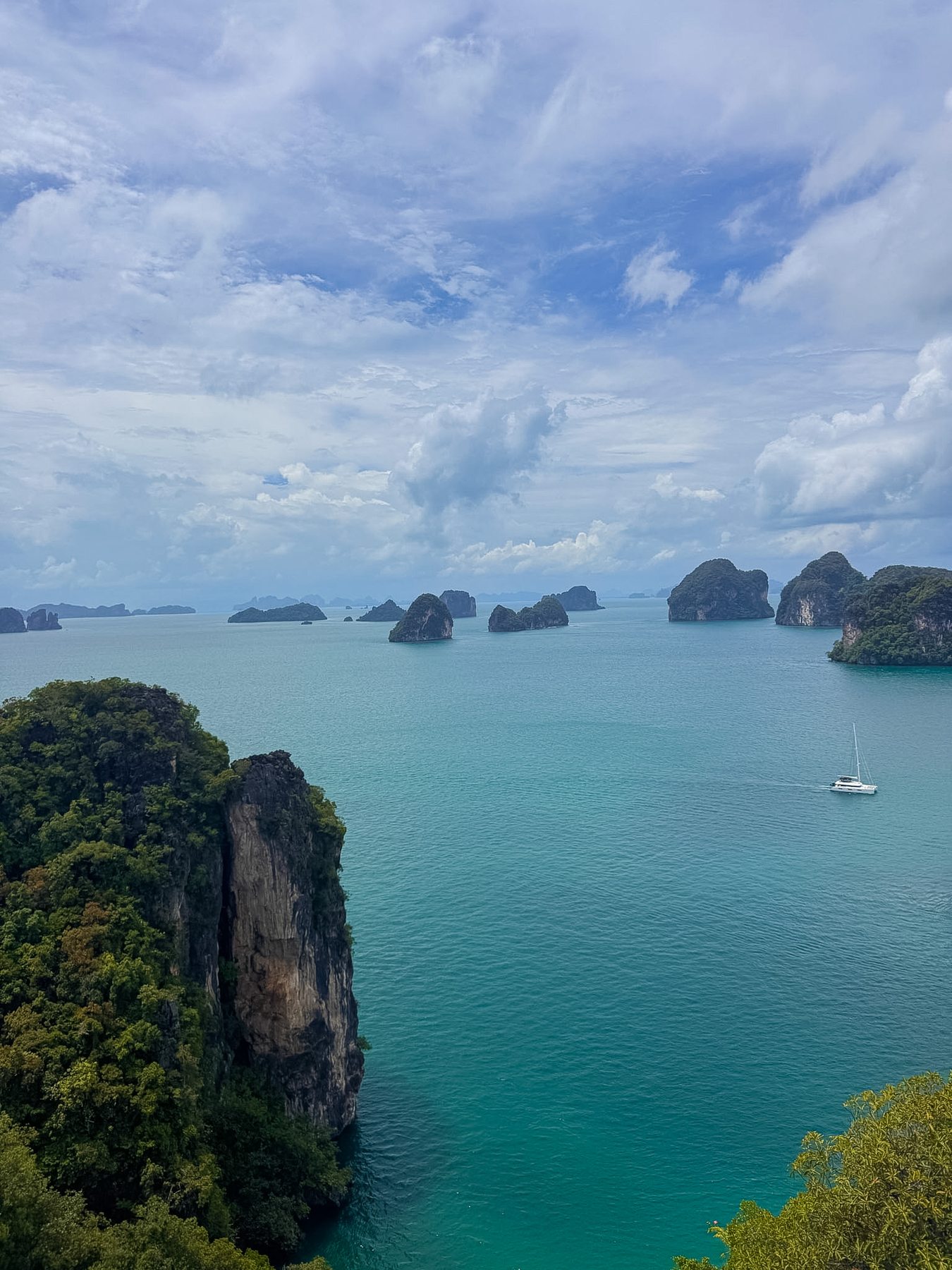 Aerial view of limestone island cliffs over turquoise water